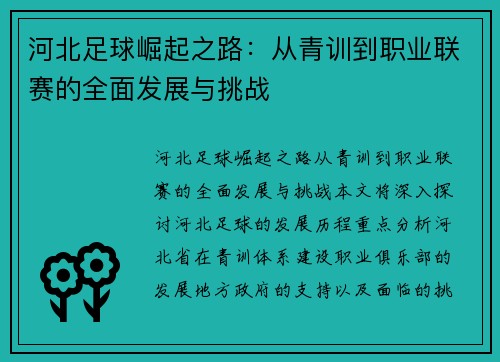 河北足球崛起之路：从青训到职业联赛的全面发展与挑战