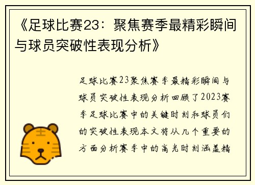 《足球比赛23：聚焦赛季最精彩瞬间与球员突破性表现分析》