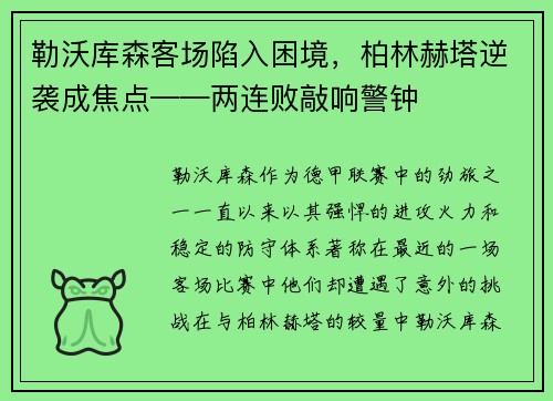 勒沃库森客场陷入困境，柏林赫塔逆袭成焦点——两连败敲响警钟