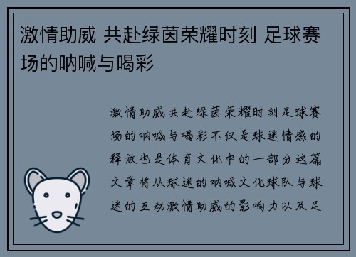 激情助威 共赴绿茵荣耀时刻 足球赛场的呐喊与喝彩