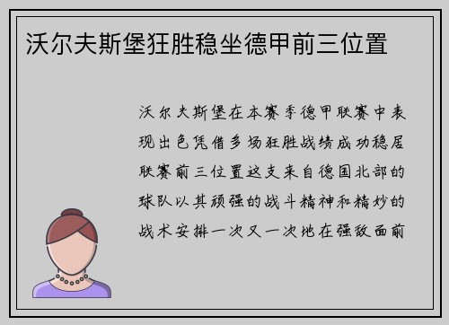 沃尔夫斯堡狂胜稳坐德甲前三位置
