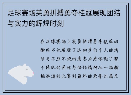 足球赛场英勇拼搏勇夺桂冠展现团结与实力的辉煌时刻