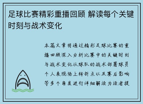 足球比赛精彩重播回顾 解读每个关键时刻与战术变化
