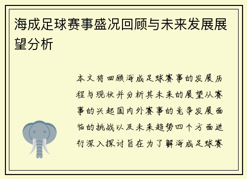 海成足球赛事盛况回顾与未来发展展望分析