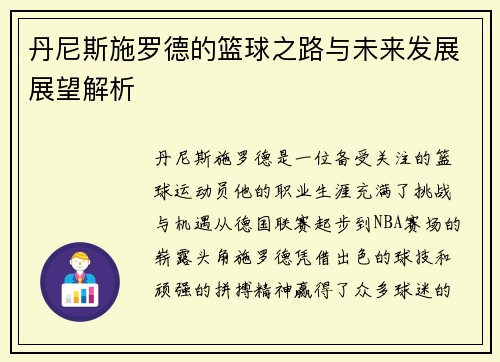 丹尼斯施罗德的篮球之路与未来发展展望解析