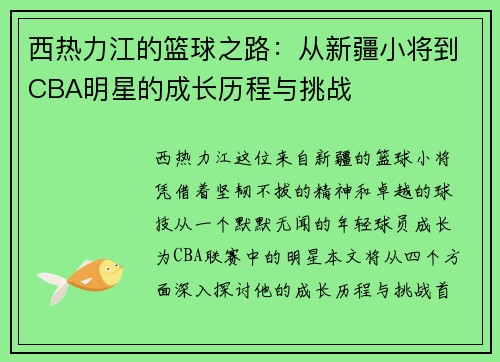 西热力江的篮球之路：从新疆小将到CBA明星的成长历程与挑战