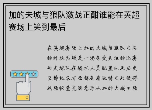 加的夫城与狼队激战正酣谁能在英超赛场上笑到最后