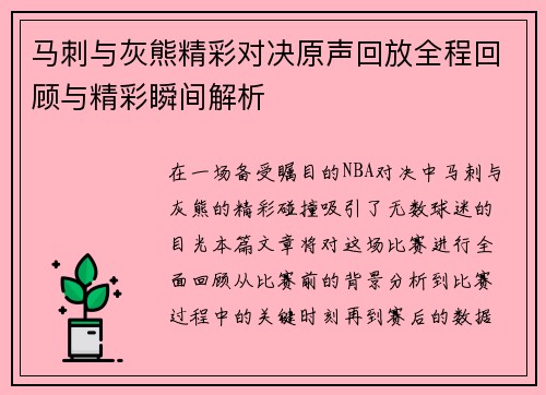 马刺与灰熊精彩对决原声回放全程回顾与精彩瞬间解析